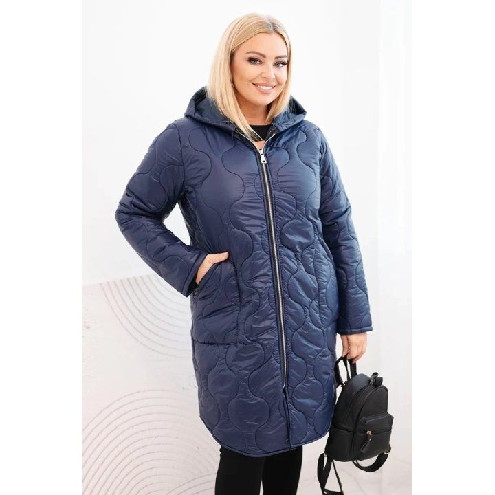 Moteriška Plus Size žieminė dygsniuota striukė su gobtuvu, tamsiai mėlynos spalvos