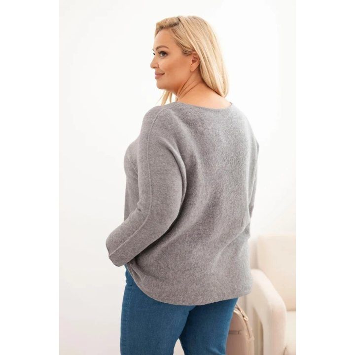 Moteriškas Plus Size megztinis su valties iškirpte, pilkos spalvos