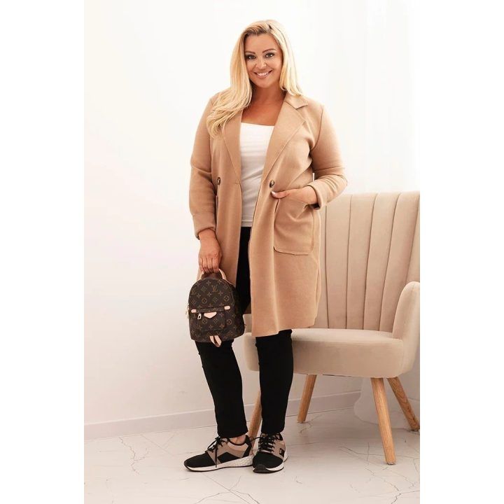 Moteriškas Plus Size paltas su apykakle ir didelėmis kišenėmis, kapučino spalvos