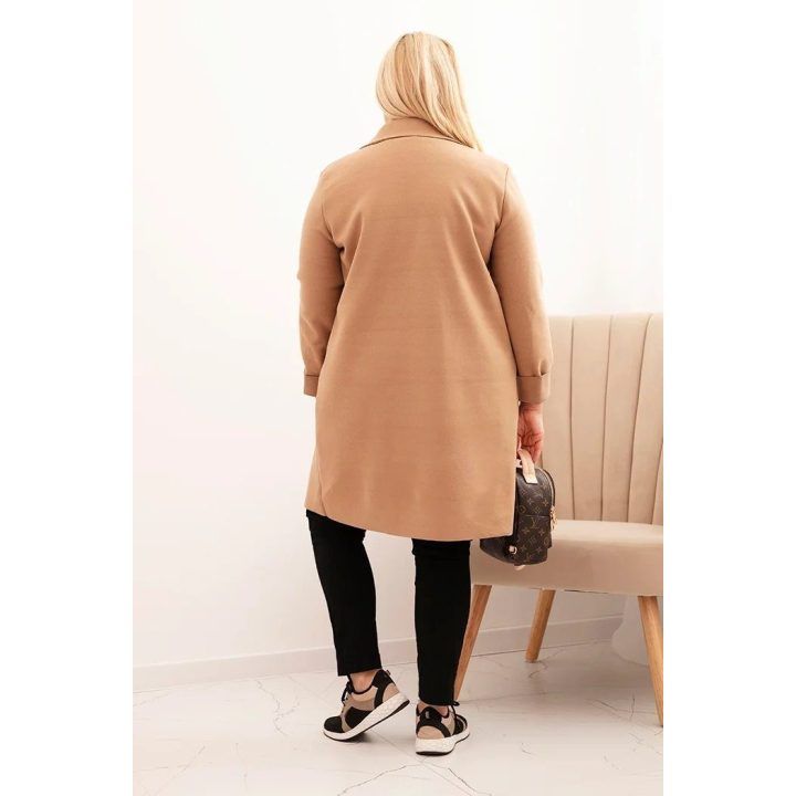 Moteriškas Plus Size paltas su apykakle ir didelėmis kišenėmis, kapučino spalvos