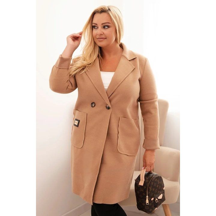 Moteriškas Plus Size paltas su apykakle ir didelėmis kišenėmis, kapučino spalvos