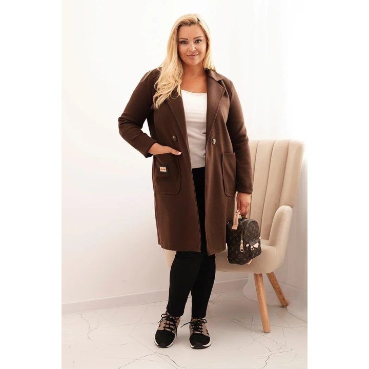 Moteriškas Plus Size paltas su apykakle ir didelėmis kišenėmis, rudos spalvos