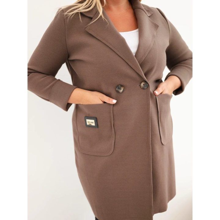 Moteriškas Plus Size paltas su apykakle ir didelėmis kišenėmis, fango spalvos