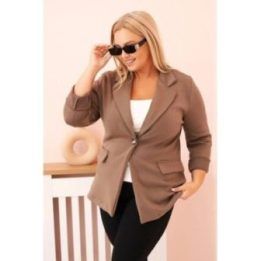 Moteriškas Plus Size švarkas su ilgomis rankovėmis ir apykakle, kapučino spalvos