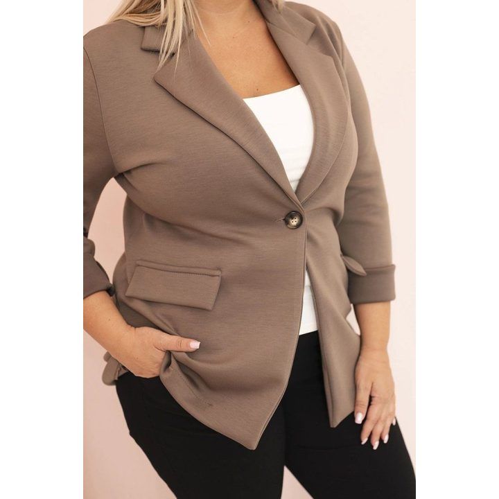 Moteriškas Plus Size švarkas su ilgomis rankovėmis ir apykakle, kapučino spalvos