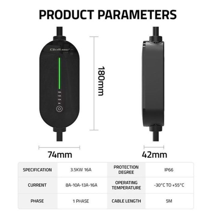 Mobilus EV įkroviklis su LCD ir LED, Typ 2, 3,5 kW, 5 m