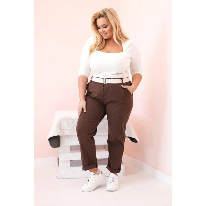 Moteriškos Plus Size kelnės su diržu, rudos spalvos