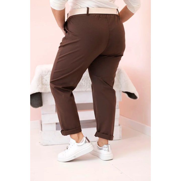 Moteriškos Plus Size kelnės su diržu, rudos spalvos