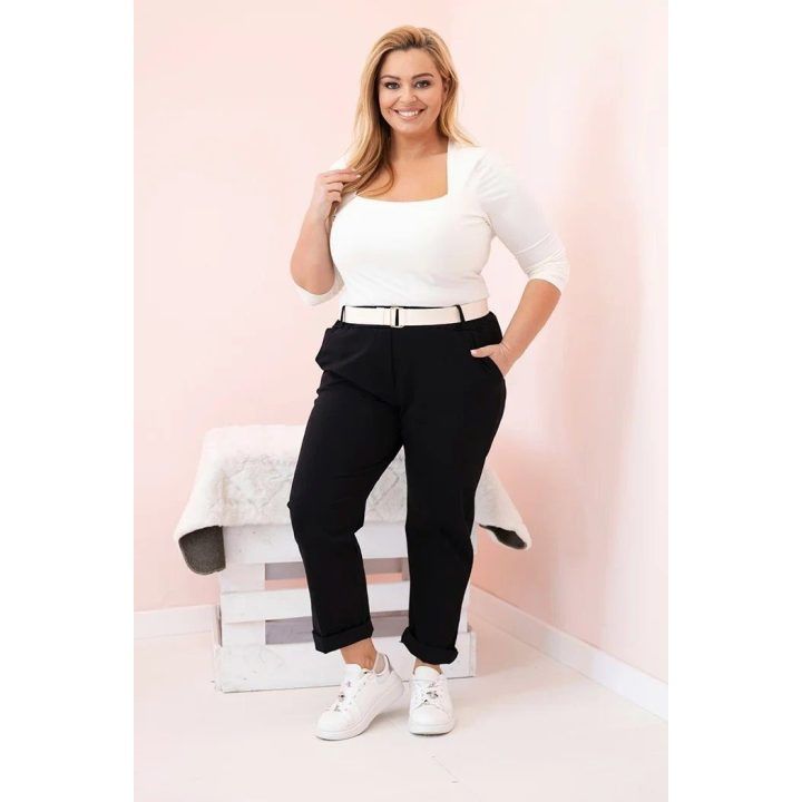 Moteriškos Plus Size kelnės su diržu, juodos spalvos