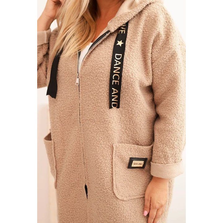 Moteriškas Plus Size paltas su gobtuvu ir kišenėmis, smėlio spalvos