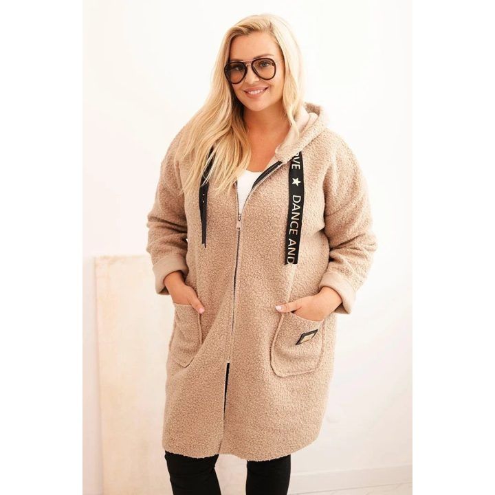 Moteriškas Plus Size paltas su gobtuvu ir kišenėmis, smėlio spalvos
