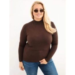 Moteriškas Plus Size viskozinis megztinis su golfu, tamsiai rudas
