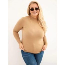 Moteriškas Plus Size megztinis su golfu, kapučino spalvos