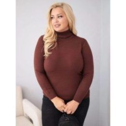 Moteriškas Plus Size viskozinis megztinis su golfu, tamsiai rudas