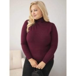 Moteriškas Plus Size viskozinis megztinis aukštu kaklu, slyvų spalvos