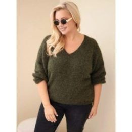 Moteriškas Plus Size megztinis su V formos iškirpte, chaki spalvos