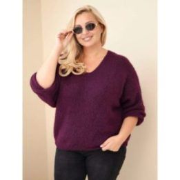 Moteriškas Plus Size megztinis V formos iškirpte, tamsiai violetinis