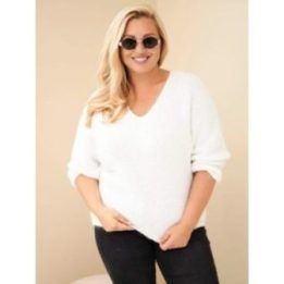 Moteriškas Plus Size megztinis su V formos iškirpte, ekru spalvos