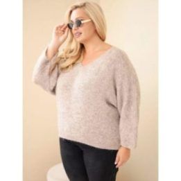 Moteriškas Plus Size megztinis su V iškirpte, tamsiai smėlio spalvos