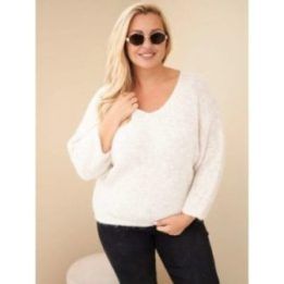 Moteriškas Plus Size megztinis su V iškirpte, smėlio spalvos