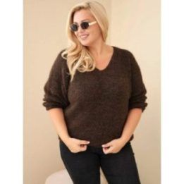 Moteriškas Plus Size megztinis su V formos iškirpte, rudas