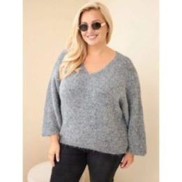 Moteriškas Plus Size megztinis su V formos iškirpte, pilkas