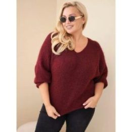 Moteriškas Plus Size megztinis V formos iškirpte, burgundiškos spalvos
