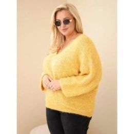 Moteriškas Plus Size megztinis su V formos iškirpte, garstyčių spalvos