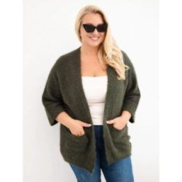 Moteriškas Plus Size kardiganas su kišenėmis, chaki spalvos