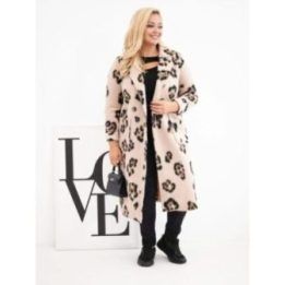 Moteriškas Plus Size paltas su leopardo raštu, smėlio spalvos