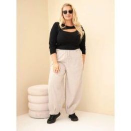 Moteriškos Plus Size kelnės su kišenėmis, smėlio spalvos