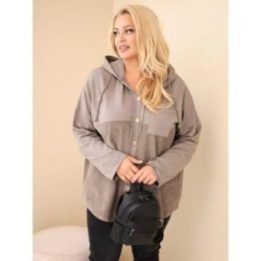 Moteriška Plus Size džemperio tipo palaidinė su gobtuvu ir sagomis, pilkai žalsvos spalvos