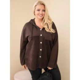 Moteriškas Plus Size džemperis su gobtuvu ir sagomis, rudos spalvos