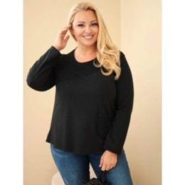 Moteriškas Plus Size džemperis su ažūrine įsiuva ir kišene, juodos spalvos