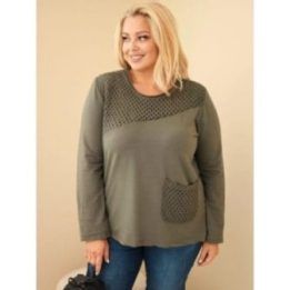 Moteriškas Plus Size džemperis su ažūrine detale ir kišene, chaki spalvos
