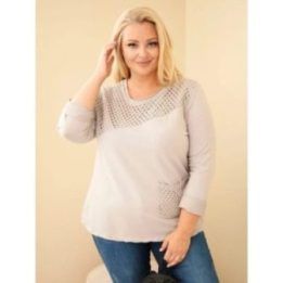 Moteriškas Plus Size medvilninis džemperis su ažūrine įsiuva ir kišene, pilkai smėlio spalvos