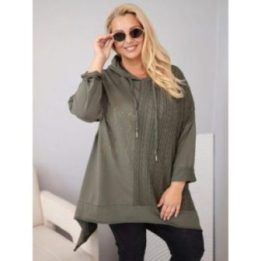 Moteriškas Plus Size džemperis su gobtuvu ir pynių intarpu, chaki spalvos