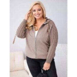 Moteriškas Plus Size džemperis su gobtuvu ir megztomis rankovėmis, kapučino spalvos