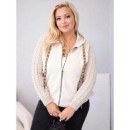 Moteriškas Plus Size džemperis su gobtuvu ir megztomis rankovėmis, smėlio spalvos