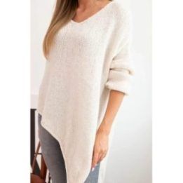 Moteriškas Plus Size asimetriškas megztinis su V formos iškirpte, šviesiai smėlio spalvos