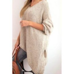Moteriškas Plus Size asimetriškas megztinis V formos iškirpte, tamsiai smėlio spalvos