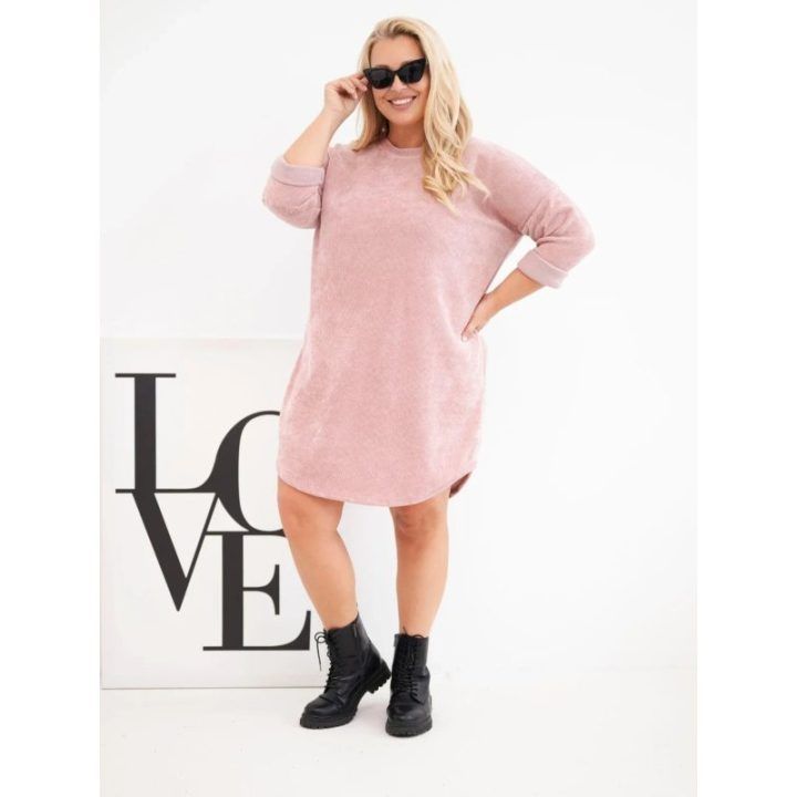 Moteriška Plus Size veliūrinė suknelė, rožinės spalvos