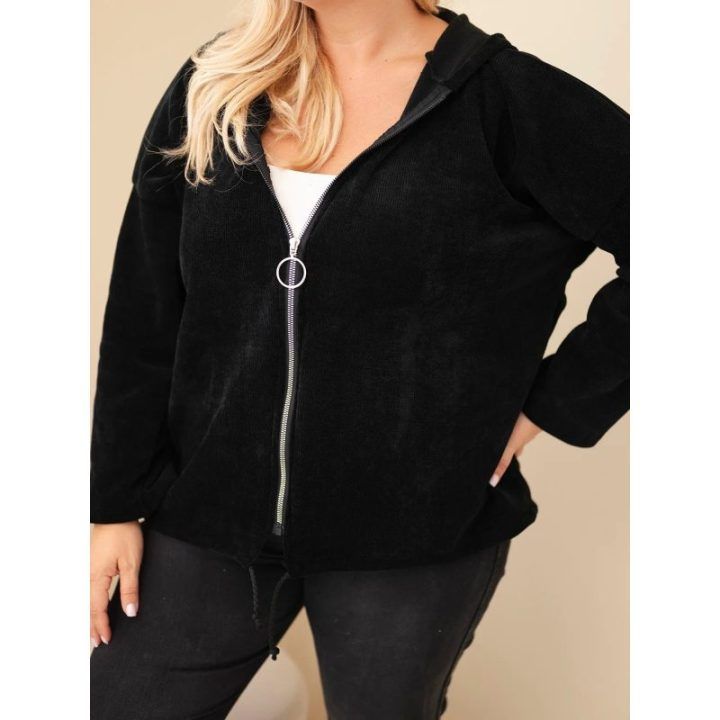 Moteriškas Plus Size džemperis su gobtuvu ir užtrauktuku, juodos spalvos