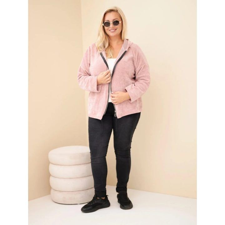 Moteriškas Plus Size džemperis su gobtuvu ir užtrauktuku, rožinės spalvos