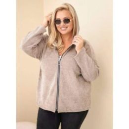 Moteriškas Plus Size džemperis su gobtuvu ir užtrauktuku, kapučino spalvos