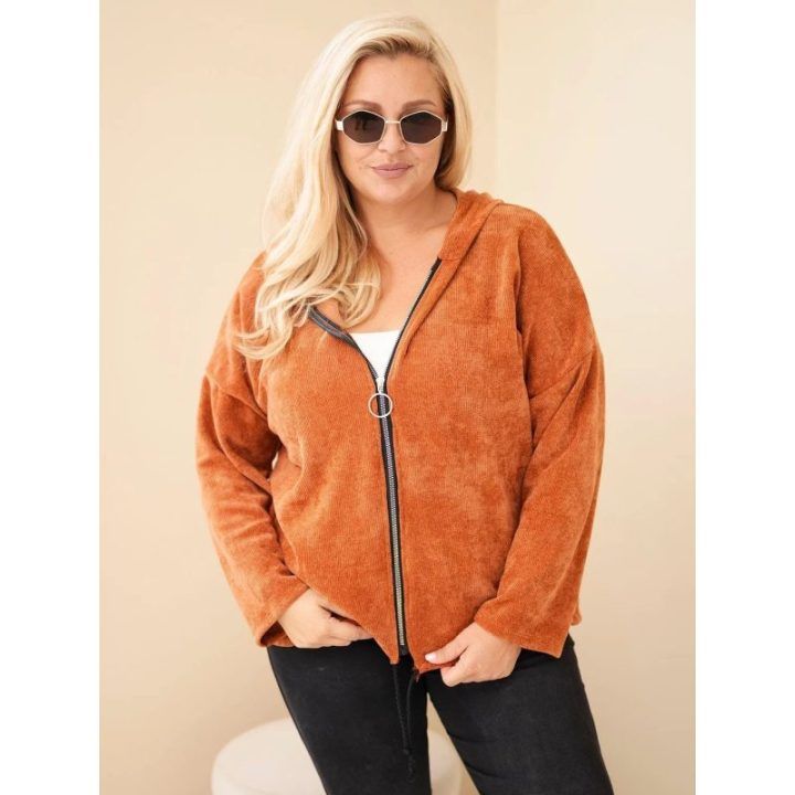 Moteriškas Plus Size džemperis su gobtuvu ir užtrauktuku, rusvos spalvos