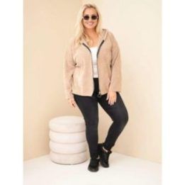 Moteriškas Plus Size džemperis su gobtuvu ir užtrauktuku, smėlio spalvos