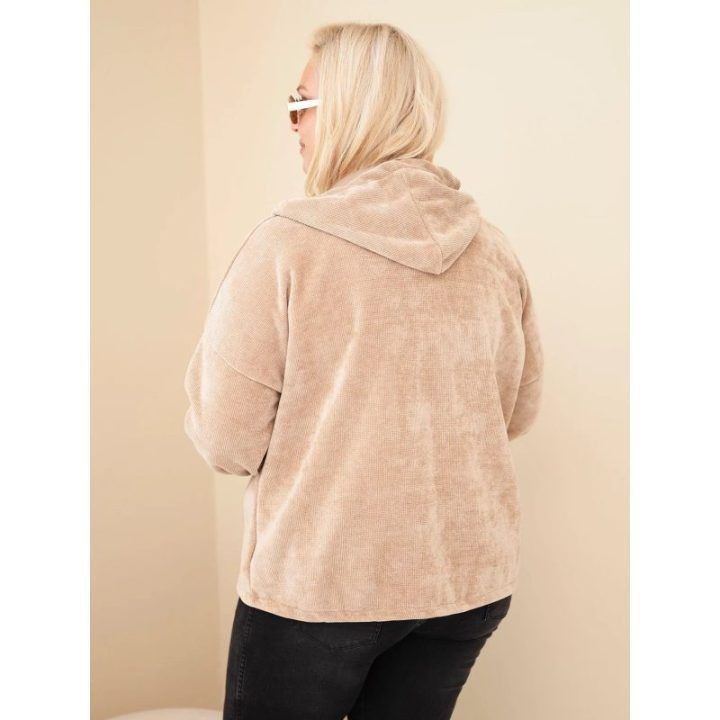 Moteriškas Plus Size džemperis su gobtuvu ir užtrauktuku, smėlio spalvos