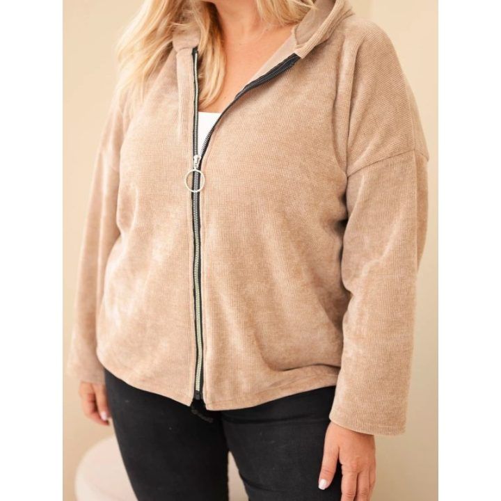 Moteriškas Plus Size džemperis su gobtuvu ir užtrauktuku, smėlio spalvos