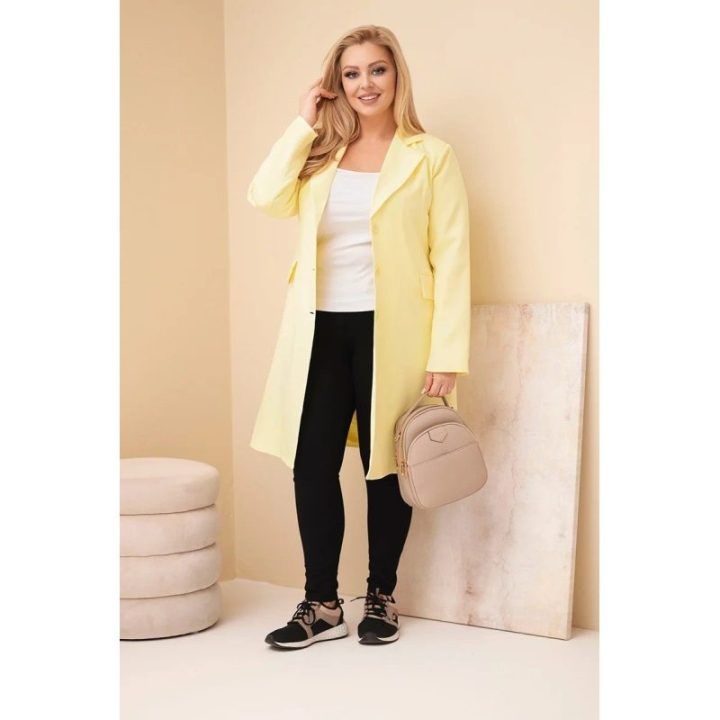 Moteriškas Plus Size paltas su apykakle, geltonos spalvos